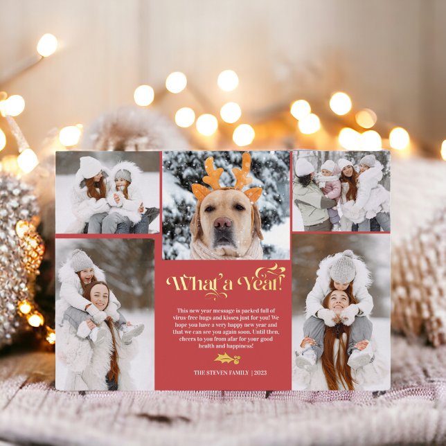 Red New Year in review 5 photo collage grid (Red New Year in review 5 photo collage grid Foil Holiday Card)