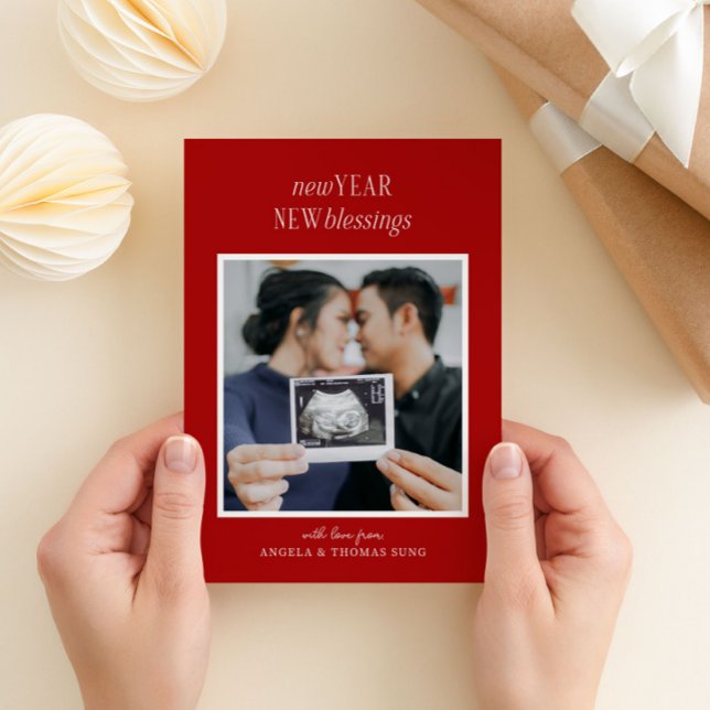 Red New Year New Blessings Pregnancy Announcement (red and white new year, new blessings pregnancy announcement holiday postcard)