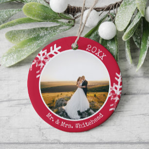 Red Newlywed Snowflake 1st Christmas Ceramic Tree Decoration