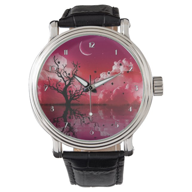 Red Night Sky Reflections Scenic Wrist Watch (Front)