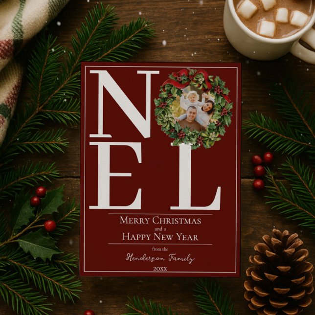 Red Noel Christmas Wreath Photo Holiday Card (Red Noel Christmas Wreath Photo Holiday Card)
