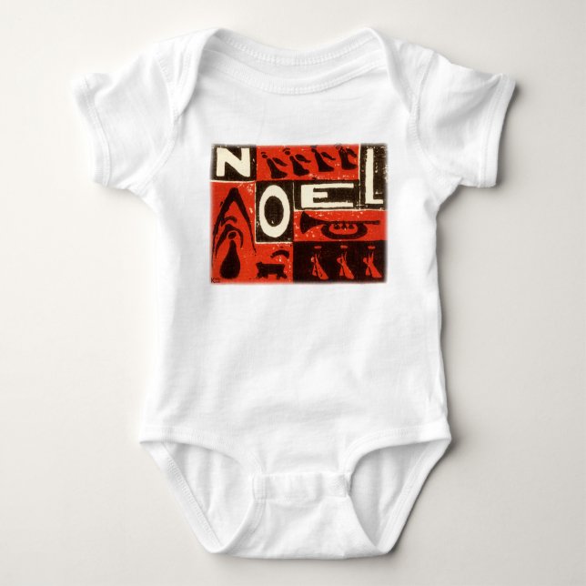 Red Noel Vintage Block Print Baby Bodysuit (Front)