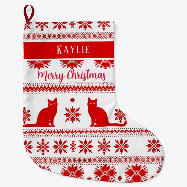 Red Nordic Cat Pattern Christmas Large Christmas Stocking (Front)