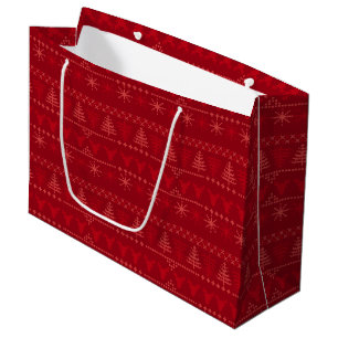 Red Nordic Christmas Holiday Patterned Large Gift Bag