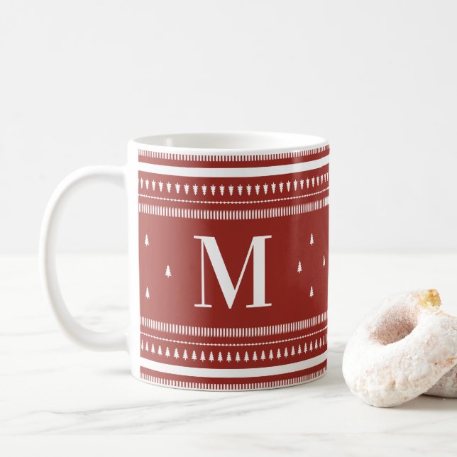 Red Nordic Christmas Trees & Monogram Coffee Mug (With Donut)