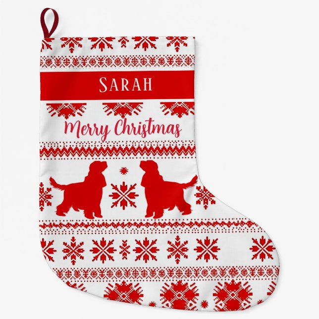 Red Nordic English Cocker Spaniel Dog Christmas Large Christmas Stocking (Front)