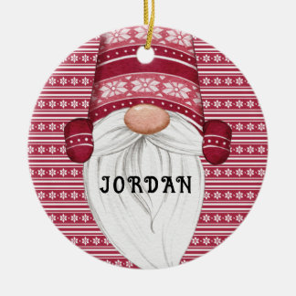 Red Nordic Gnome Personalised Ceramic Tree Decoration