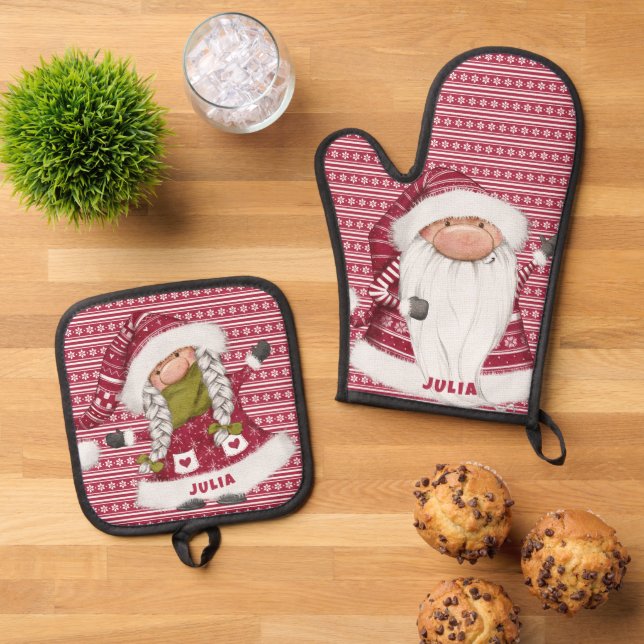 Red Nordic Gnome Personalised Oven Mitt & Pot Holder Set (Top Down)