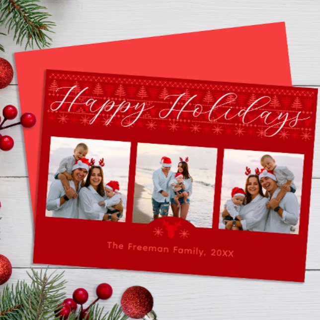 Red Nordic Happy Holidays Card with Three Photos (Happy Holidays Family Photo Christmas Card)
