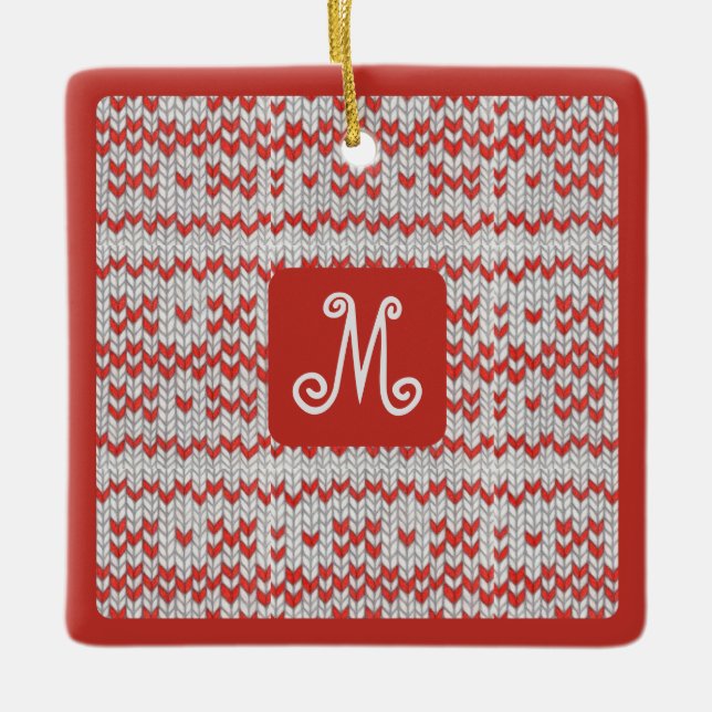 RED NORDIC KNIT Ceramic Square Ornament + Initial  (Front)