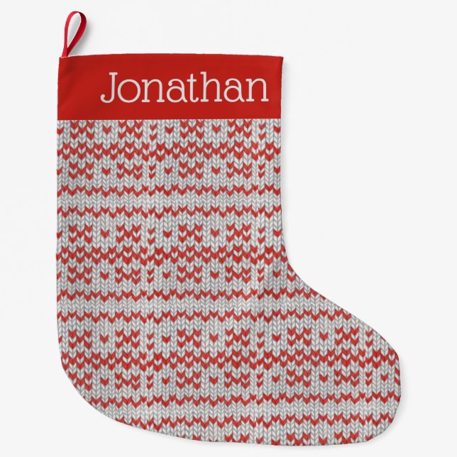 RED NORDIC KNIT Christmas Stocking II + Text (Front)