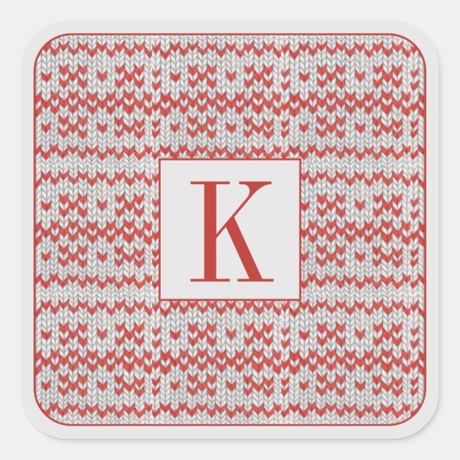 RED NORDIC KNIT Large Square Stickers + Initial (Front)