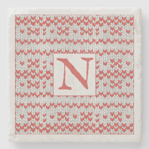 RED NORDIC KNIT Marble Stone Coaster + Initial