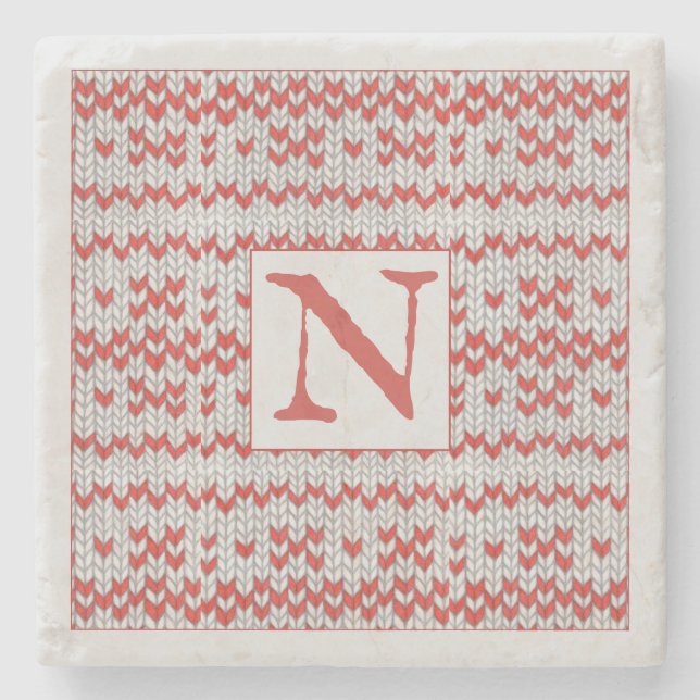 RED NORDIC KNIT Marble Stone Coaster + Initial (Front)