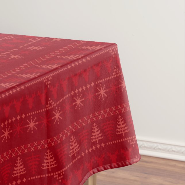 Red Nordic Knit Pattern Winter Holiday Tablecloth (In Situ)