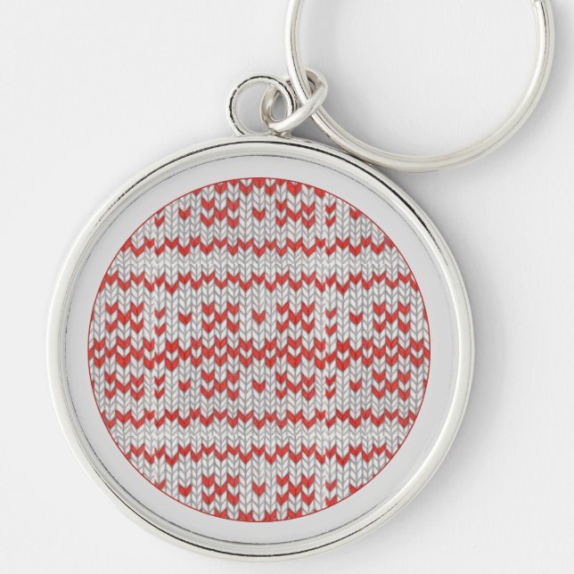 RED NORDIC KNIT Premium Round Keychain / Grey (Front)