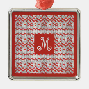 RED NORDIC KNIT Premium Square Ornament + Initial 