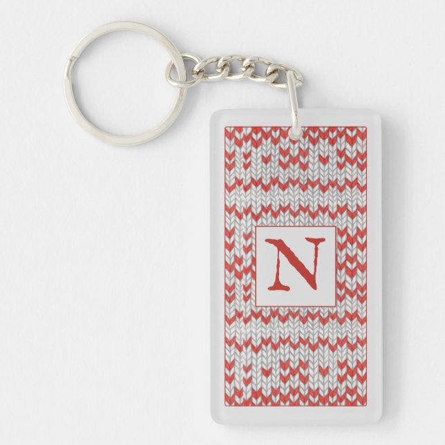 RED NORDIC KNIT Rectangle Keychain + Initial (Front)