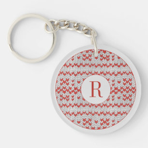 RED NORDIC KNIT Round Acrylic Keychain + Initial