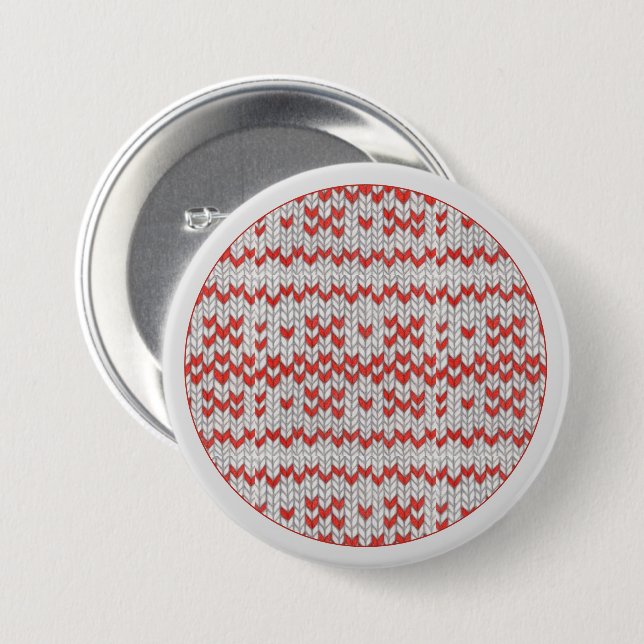 RED NORDIC KNIT Round Pin Button / Grey (Front & Back)