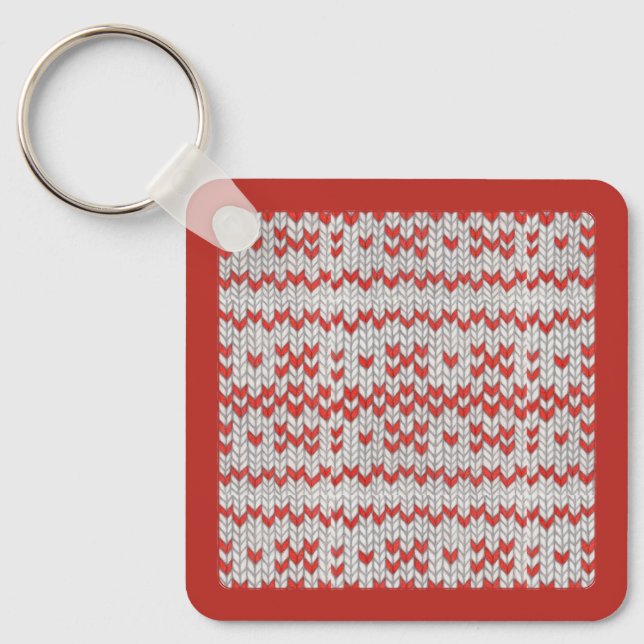RED NORDIC KNIT Square Metal Keychain / Red (Front)