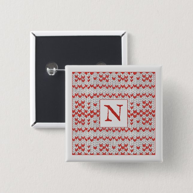 RED NORDIC KNIT Square Pin Button + Initial (Front & Back)