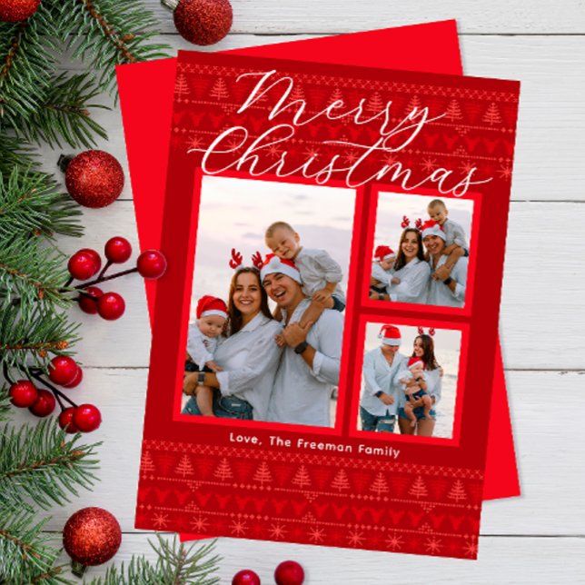 Red Nordic Multi-Photo Merry Christmas Card (Festive Holiday Card)