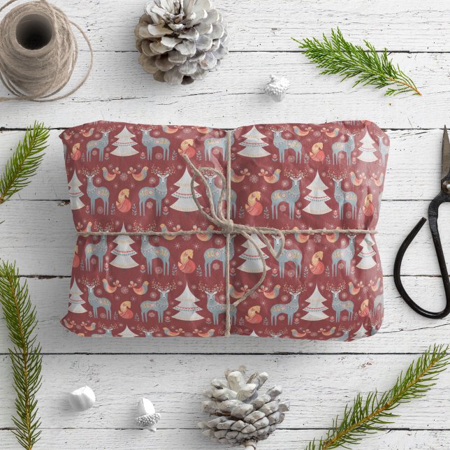 Red Nordic Reindeer Christmas Tree Floral Holiday Wrapping Paper (Creator Uploaded)