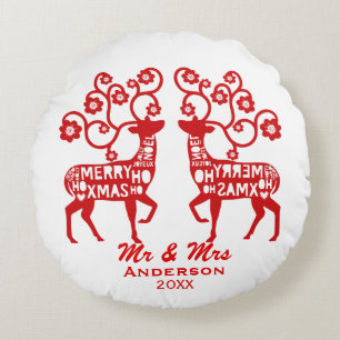 Red Nordic Reindeer Custom Couple's Round Cushion