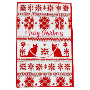 Red Nordic Sitting Cat Christmas Medium Gift Bag