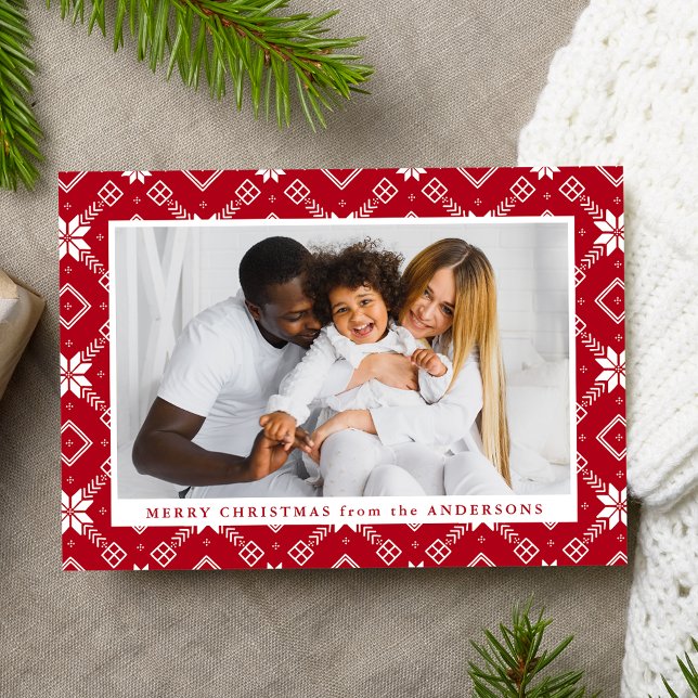 Red Nordic Snowflake Pattern Photo Holiday Card (Creator Uploaded)