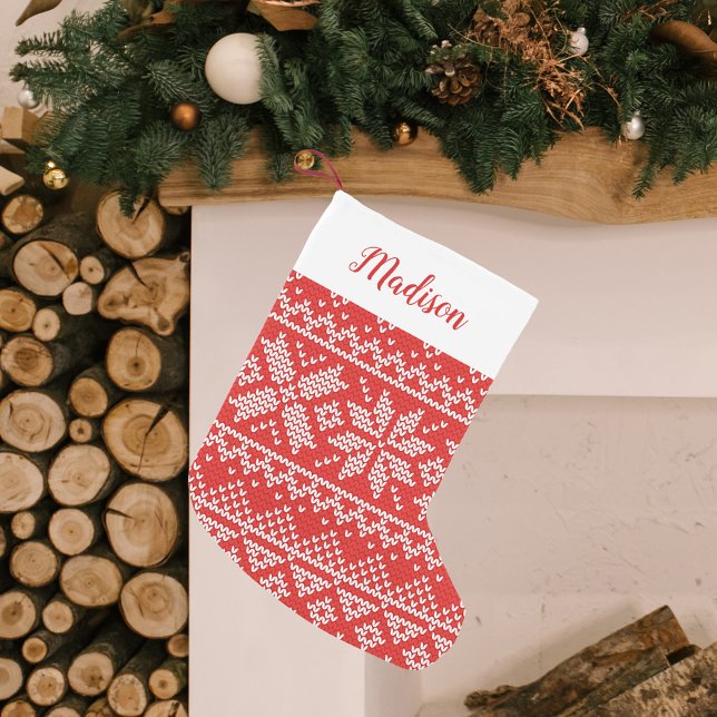 Red Nordic Snowflake Sweater Pattern Personalised Small Christmas Stocking (Creator Uploaded)