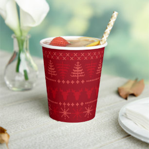 Red Nordic Sweater Pattern Holiday Paper Cups