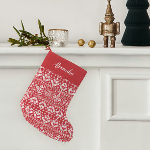 Red Nordic Sweater Pattern Personalised Small Christmas Stocking