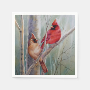 Red Northern Cardinal Bird Pair Watercolor Art Napkin