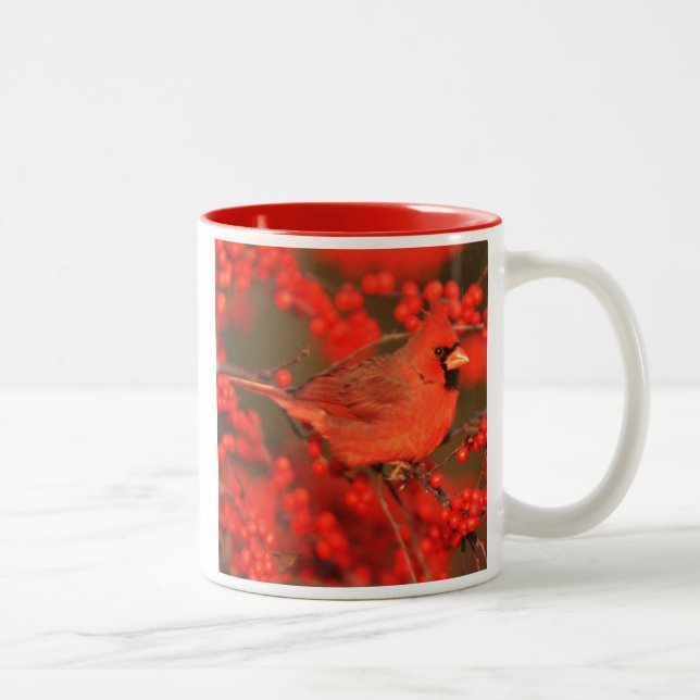 Red Northern Cardinal Male, IL Two-Tone Coffee Mug (Right)