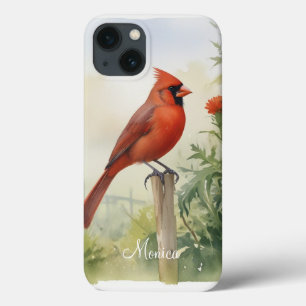 Red Northern Cardinal Watercolor Personalize name iPhone 13 Case