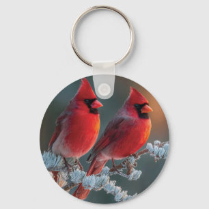 Red Northern Cardinals Perched on a Frosted Branch Key Ring
