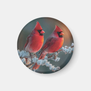 Red Northern Cardinals Perched on a Frosted Branch Magnet
