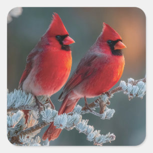 Red Northern Cardinals Perched on a Frosted Branch Square Sticker