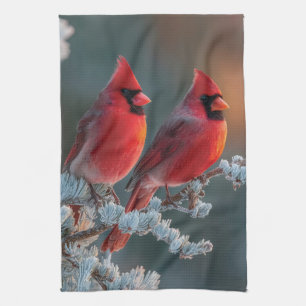 Red Northern Cardinals Perched on a Frosted Branch Tea Towel