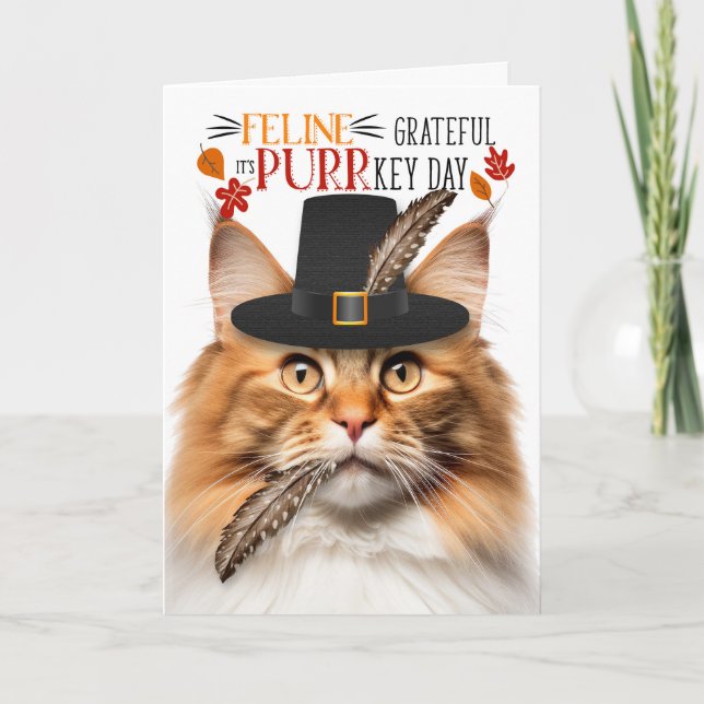 Red Norwegian Forest Cat Grateful PURRkey Day Holiday Card (Front)