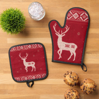 Red Norwegian Knit w/ Deer, Oven Mitt & Pot Holder Set