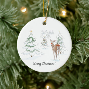 Red Nose Deer in the Snowy Wood Holiday Ceramic Tree Decoration