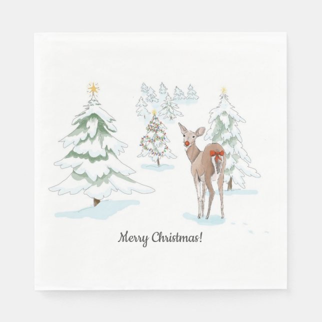 Red Nose Deer in the Snowy Wood Holiday Paper Napkin (Front)
