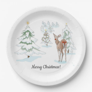 Red Nose Deer in the Snowy Wood Holiday Paper Plate