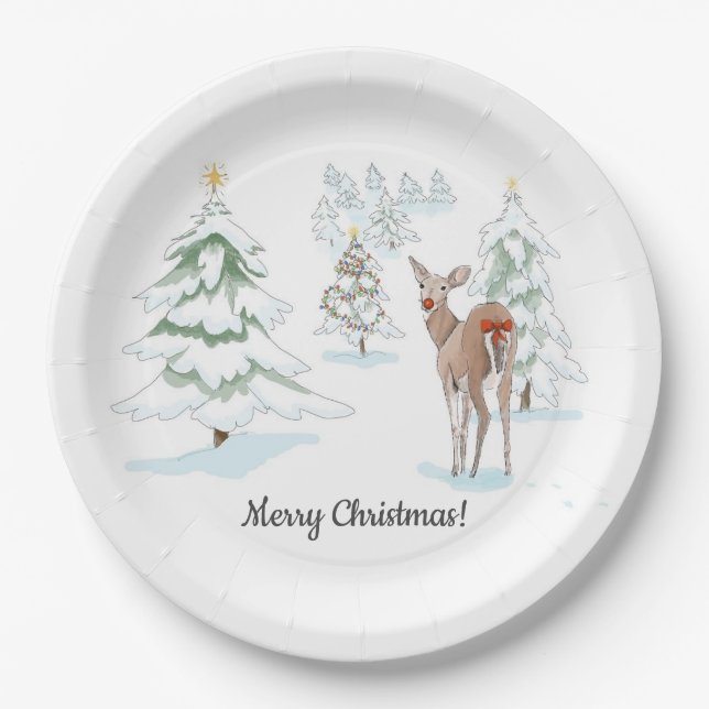 Red Nose Deer in the Snowy Wood Holiday Paper Plate (Front)