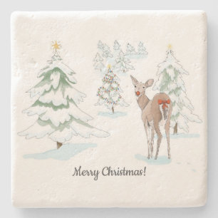 Red Nose Deer in the Snowy Wood Holiday Stone Coaster