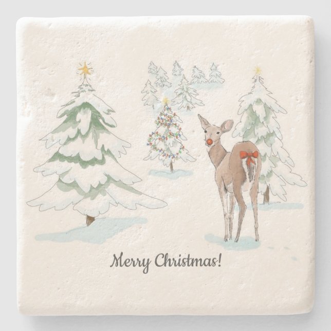 Red Nose Deer in the Snowy Wood Holiday Stone Coaster (Front)