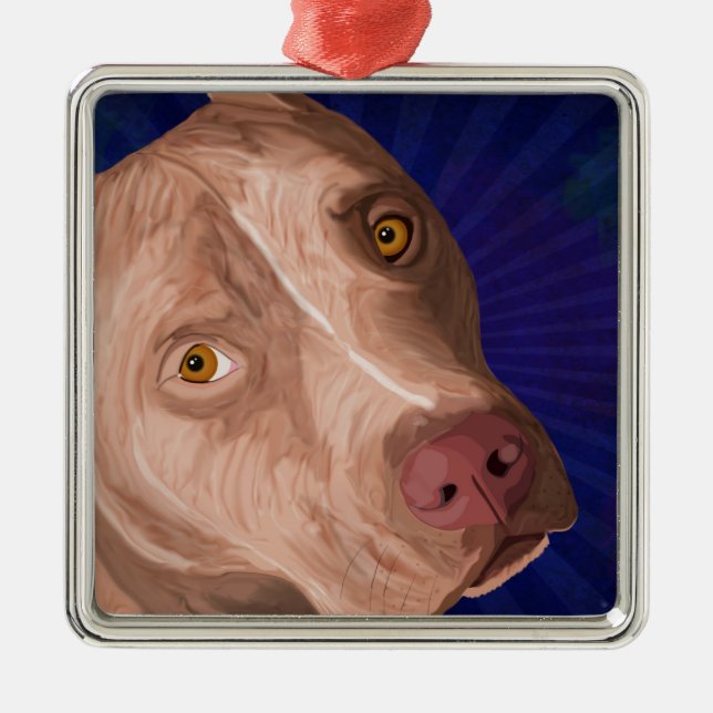 Red Nose Pit Bull with a Blue Background Metal Tree Decoration (Front)
